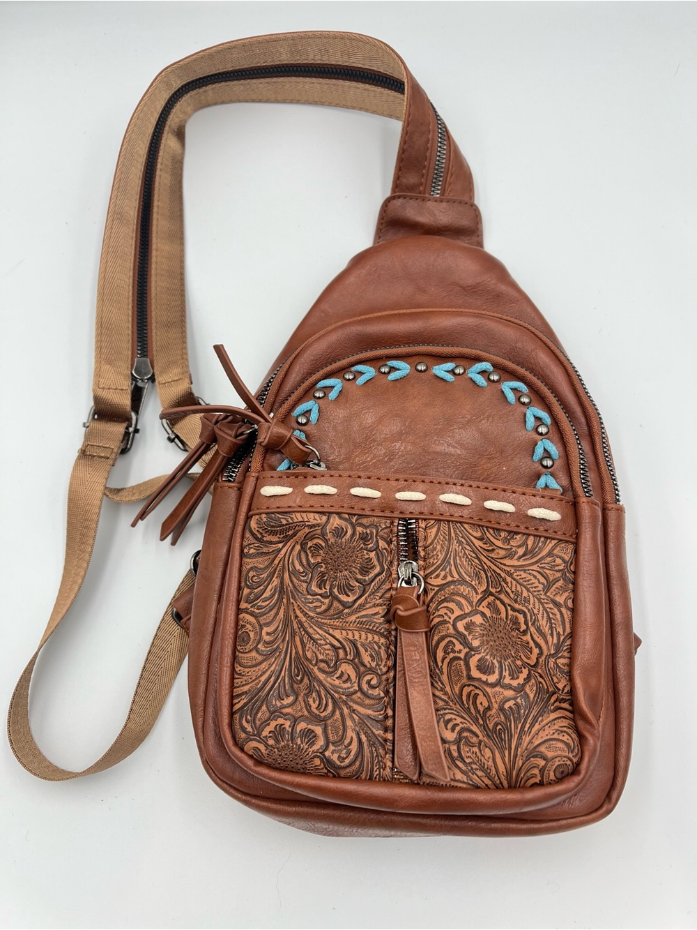 Western Boho Backpack Purse Brown Floral Turquoise Stitching Cowgirl Rodeo